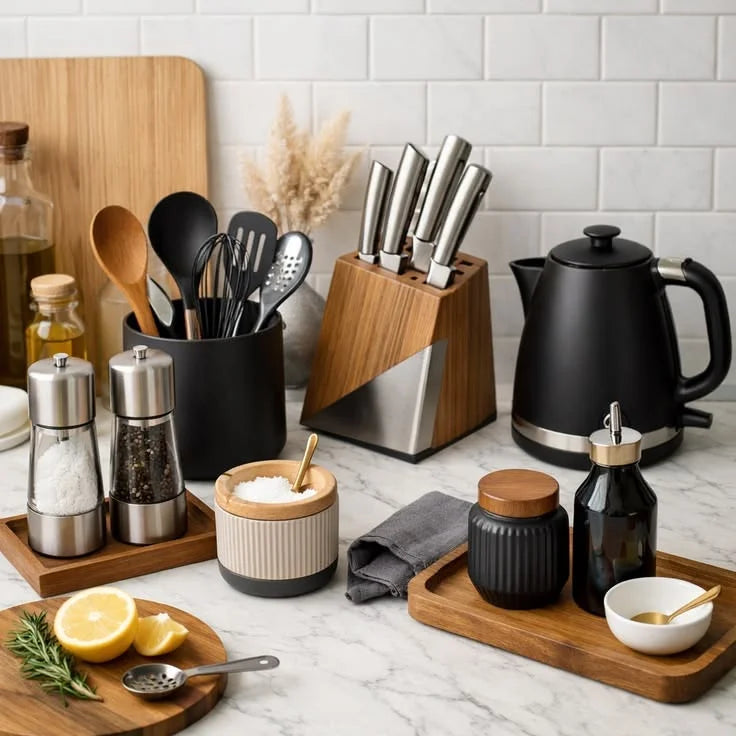 Kitchen gadgets collection featuring blenders, mixers, utensils, and smart cooking tools for a modern and efficient kitchen.