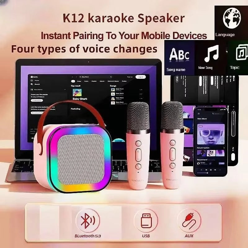 Bluetooth Speaker With 2 Wireless Mic RGB Light Home Family Singing Speaker